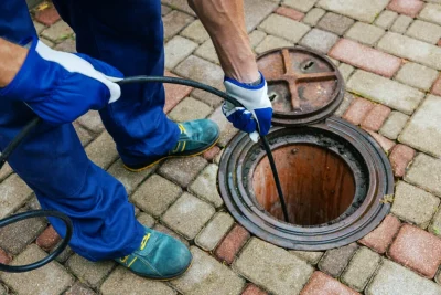Plumber cleaning an outdoor sewer drain in Vero Beach