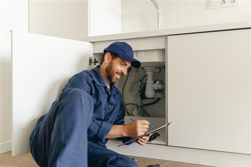 Residential plumber reviewing plumbing repairs in a Vero Beach kitchen