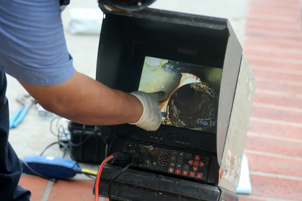 Technician viewing a drain inspection camera in Vero Beach