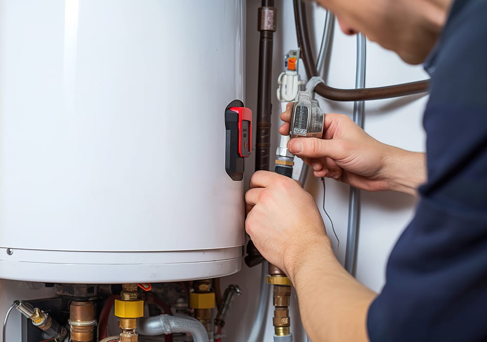 Technician repairing pipes connected to a water heater in Vero Beach